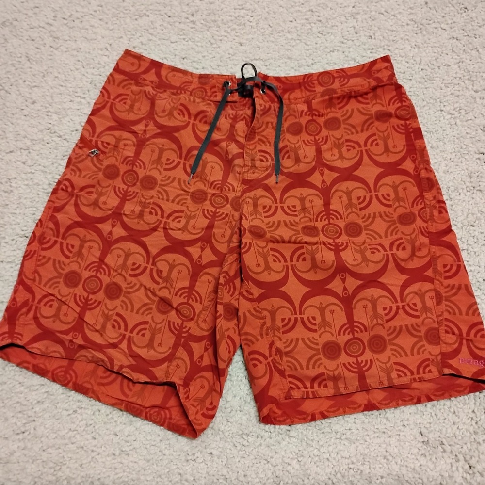 Patagonia Board Shorts Mens 36 Orange Geometric Swim Trunks Drawstring Button